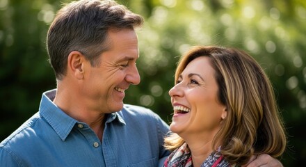 Fototapeta premium Happy couple sharing a joyful moment outdoors, surrounded by lush greenery and soft sunlight