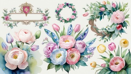  Elegant watercolor floral set with crest, border, wreath, bouquet, frame. Roses, peonies, tulips, sweet pea, ranunculus 