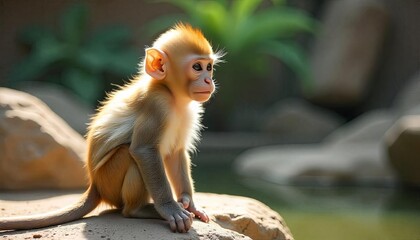 Golden monkey sits on rock looking away from camera