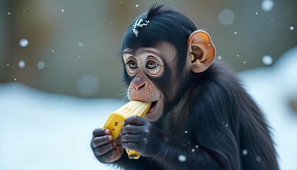 Monkey eating banana in snowy environment