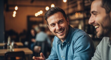 Happy men laughing cafe conversation
