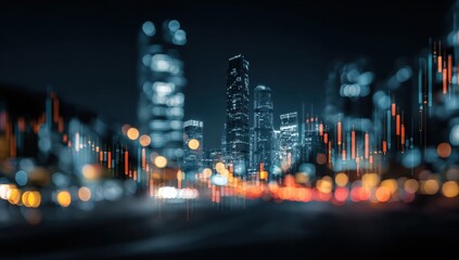 Blurry night cityscape with overlaid data