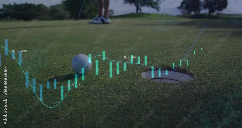 Poster golfer aligning putter initiating tech overlay showing bars and line displaying stats