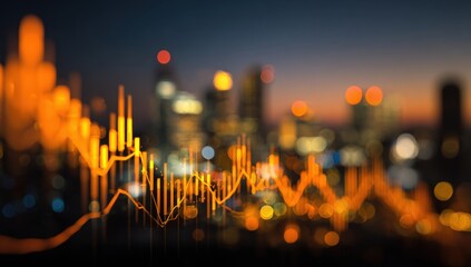 Blurred city skyline overlaid with financial data