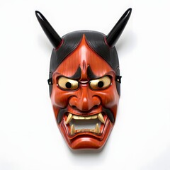 Hannya Mask (Jealous Woman Demon) “Japanese Hannya mask, demonic female with horns, sharp fangs, and angry expression, cultural performing art mask, isolated white background, dramatic stock photo”