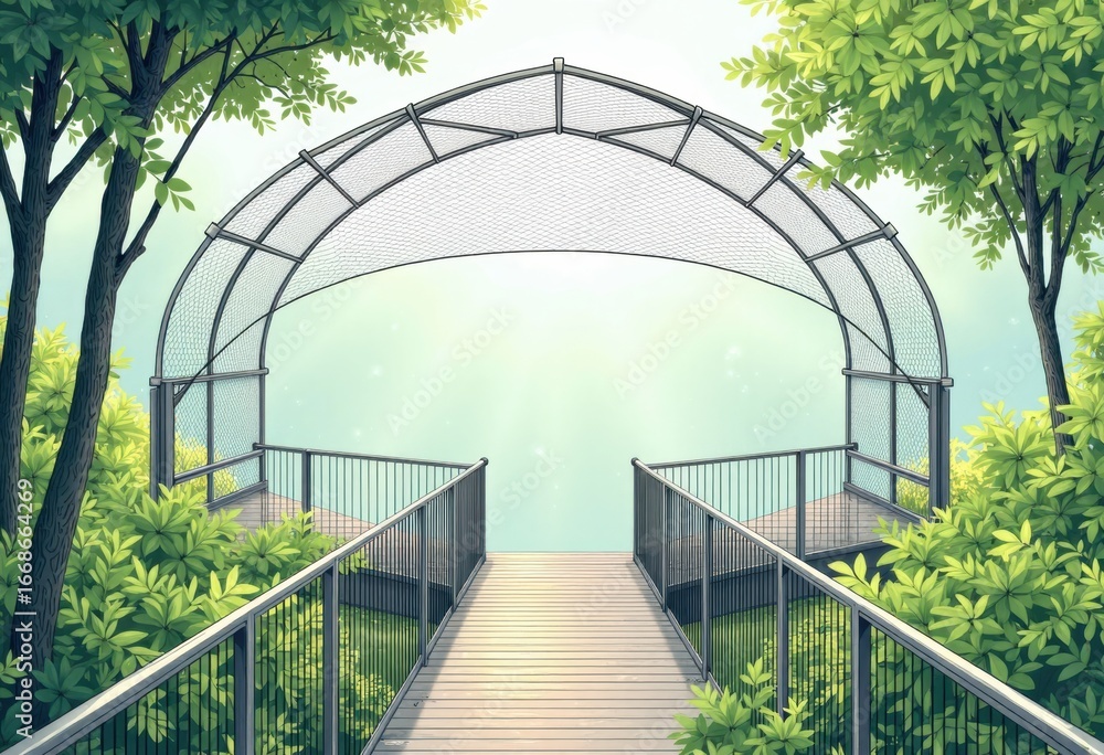 Poster butterfly house with netting frame and walkway rail surrounded by greenery