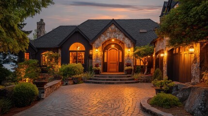 Luxurious house exterior with stone facade and landscaped yard at dusk. Use for real estate ads, home design articles, or luxury lifestyle content.