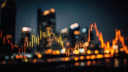 Abstract financial chart overlayed on a blurred cityscape at night