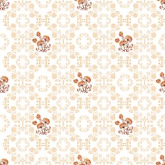 This ornate seamless pattern features a grid of detailed, stylized floral motifs. Each motif consists of a central bouquet with vibrant orange flowers and subtle red berries, surrounded by a delicate,