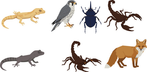 Diverse animal illustrations including gecko, falcon, beetle, scorpion, and fox, wildlife digital art collection, nature and fauna concept.