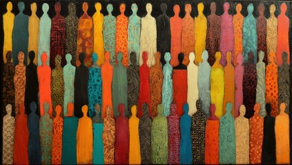 A crowd of figures in vibrant patterns