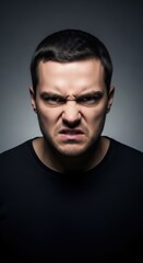 Fototapeta premium Intense portrait of a man expressing anger against a dark background, showcasing raw emotion