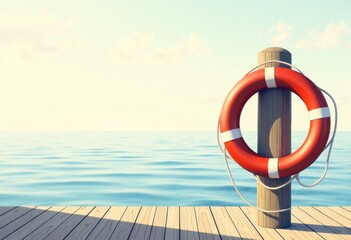 Lifering with a blank face secured to a dock post by the serene water