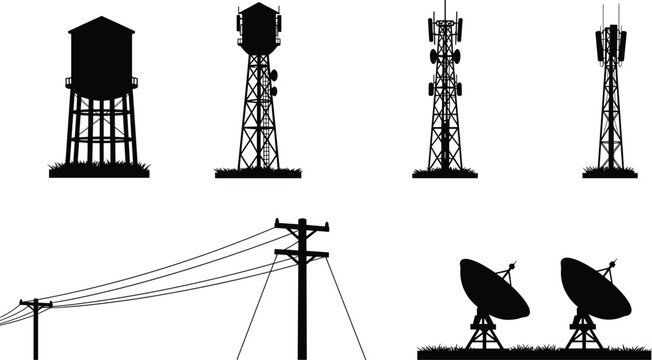 Telecommunication tower vector illustration set, radio antennas, satellite dish, power lines, water tower, signal transmission and communication design