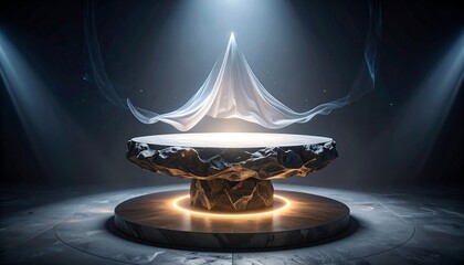Floating Fabric Above Stone Platform with Light Circle Presentation Backdrop