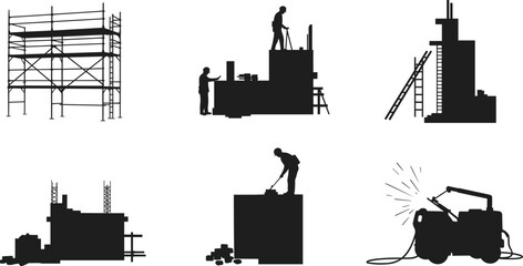 Construction workers vector silhouettes, scaffolding, welding, building site, masonry, industrial labor, architecture and civil engineering illustration design