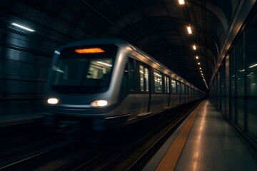 Fototapeta premium Modern Subway Train in Motion Inside an Illuminated Underground Tunnel