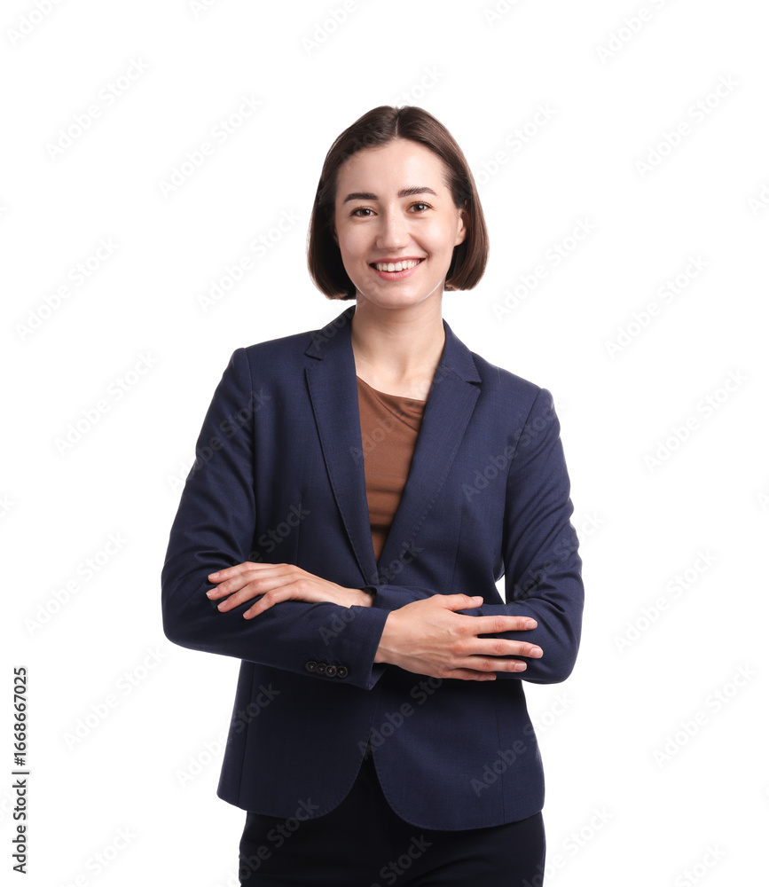 Poster portrait of smiling hostess in uniform on white background