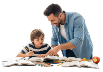 A Father Helping His Son With Homework, Learning Together at a Table with Books and Pencils