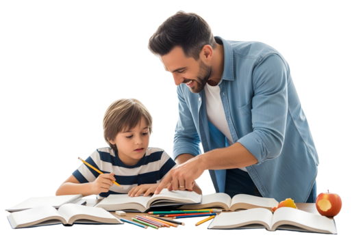 A Father Helping His Son With Homework, Learning Together at a Table with Books and Pencils