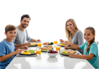 Happy family enjoying a healthy breakfast together at a dining table