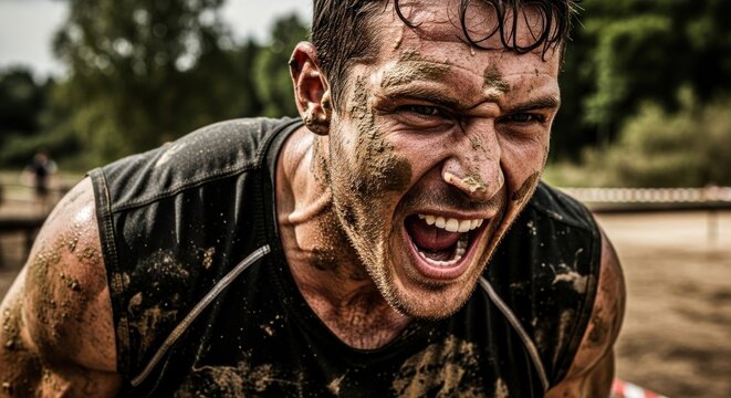 Mud-covered athlete yells, outdoor race, blurred background