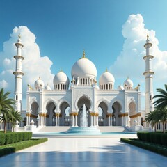 Fototapeta premium Majestic Grand Mosque Architecture with Stunning White Facade and Minarets Under a Blue Sky