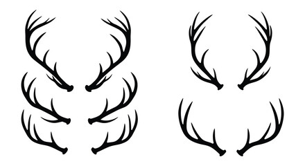 A set of four black silhouette deer antler pairs on white background