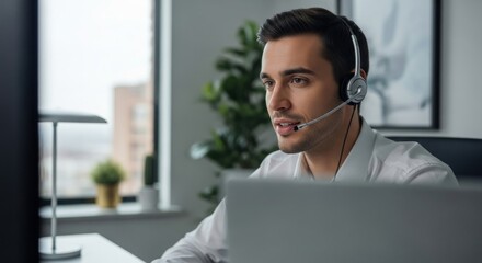 Office worker headset support call city view