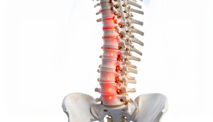 Detailed medical 3D rendering of human spine with multiple glowing red pain points, isolated on white background, ideal for healthcare ads and pain relief product marketing.