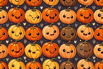 Seamless pattern of cute kawaii pumpkins for halloween and autumn season