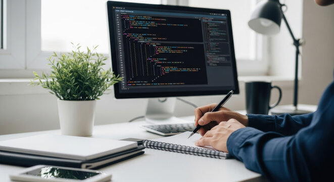 Person coding on a computer at a desk with a plant and notebooks, natural light streaming in
