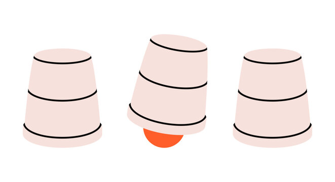 Hand drawn cute illustration of thimblerig. Flat vector three cups and ball game doodle. Choose best option. Fortune in busking game. Gamble bet icon or sticker. Good decision symbol. Isolated