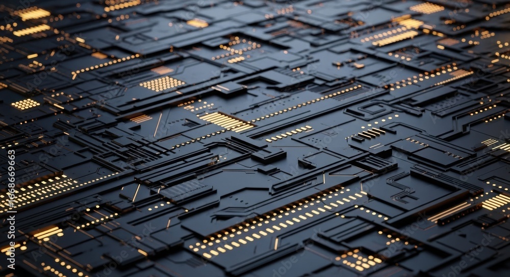 Poster an intricate and detailed closeup view of a futuristic dark circuit board with glowing golden lines 