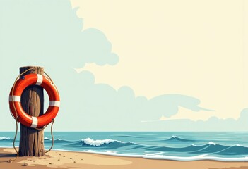 Lifering bracket with a blank face on a dock post by the beach