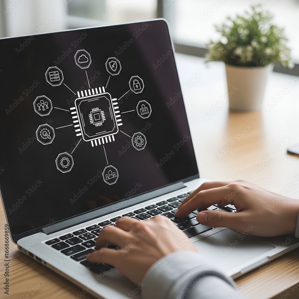 Poster person using a laptop with a digital network diagram and central processing unit on the screen