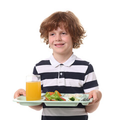Little boy with tray of tasty food on white background