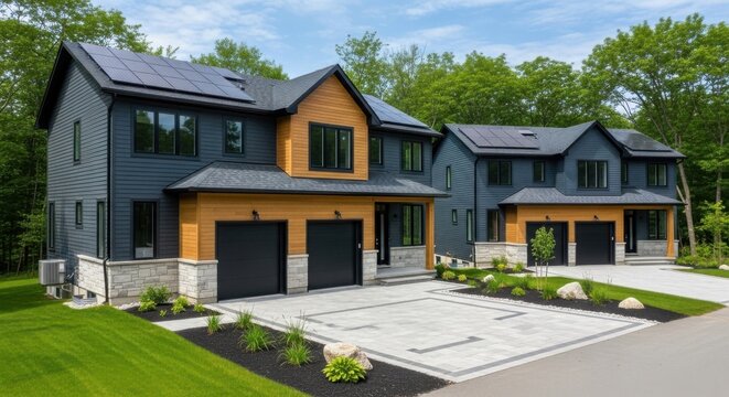 Modern suburban duplex homes with dark gray siding wood accents and solar panels on the roof under a bright sky