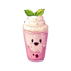 strawberry ice cream. Pink drink in a tall glass with mint leaves. Vector illustration for design.