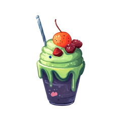 cupcake with candle. A cocktail in a tall glass with berries and sweets. Children's illustration. Vector on a white background.