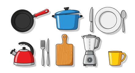 Illustration showing a collection of kitchen utensils including cookware and tableware items arranged neatly