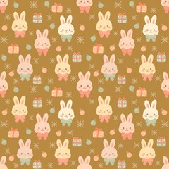 Obraz premium Cute Christmas Bunny Pattern – Kawaii Holiday Rabbits with Gifts 