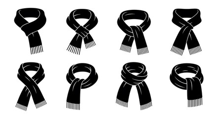 Photo of collection of eight black scarf illustrations showcasing various tying styles and designs for fashion and warmth