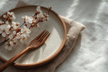 Minimalist wooden fork with fresh flowers on plate for healthy dining, restaurant menu, organic food packaging, home decor and natural lifestyle concept


