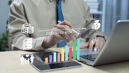 Employee benefits strategy concept with top management planning long-term incentives including bonuses, healthcare, insurance, indirect benefits, and workplace rewards.