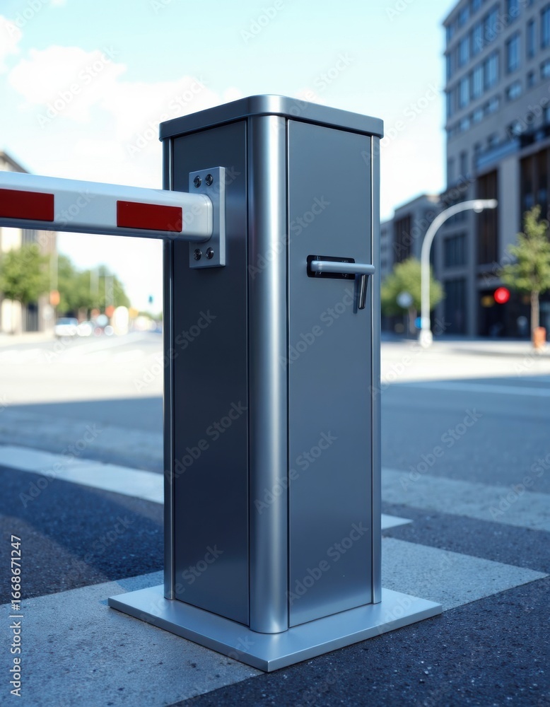 Poster barrier arm housing with the panel closed, designed for secure access control