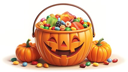 A pumpkin bucket filled with candy isolated on white background