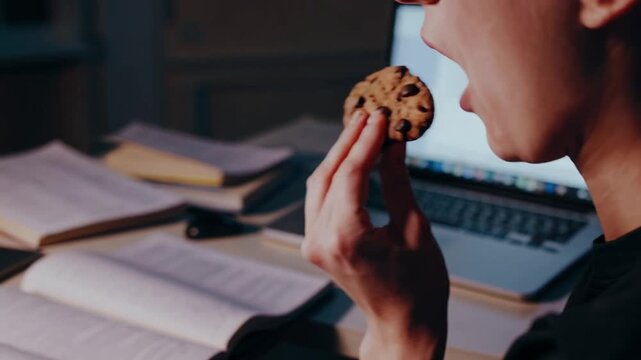The Hands of Student Holding Sweet Snack Cookie While Studying Late at Night for Online Education Courses