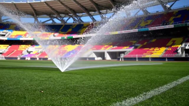 Irrigation System Watering the Grass Playing Field at Major Football Stadium