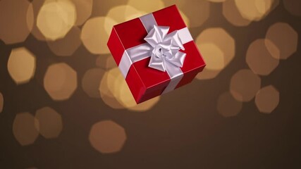 Unwrapped Crimson Present Container Embellished with White Ribbon Bow Single Gift Box with Detachable Lid Levitating in the Atmosphere Surprise Bestowal During Seasonal Festivity